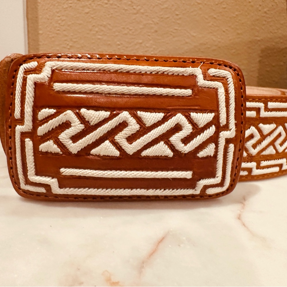 Brown Leather with White Embroidery belt men